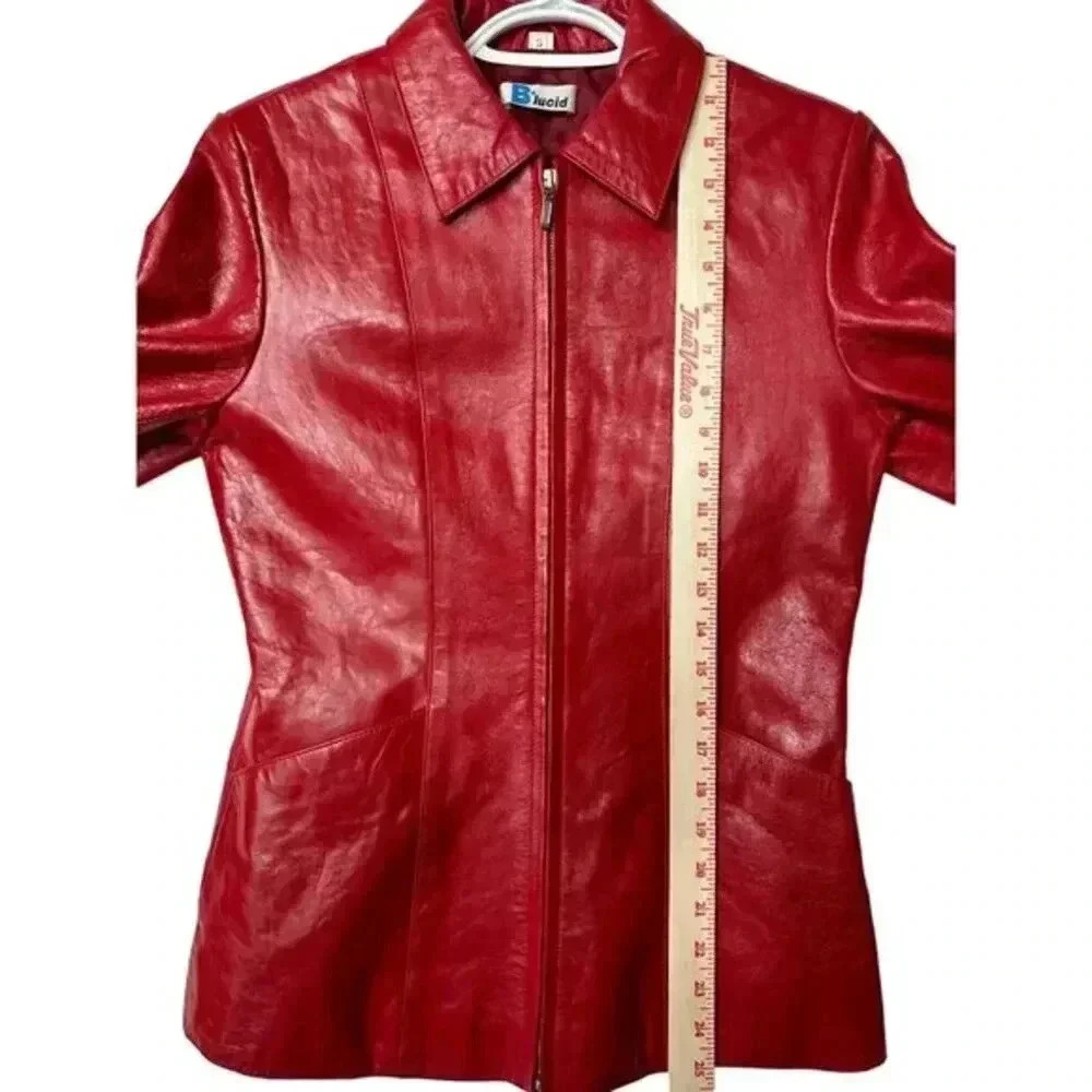 Y2K Genuine Leather Zip Jacket B*Lucid Cherry Red Fitted Moto Size Small - Picture 4 of 16